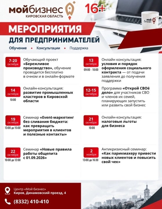 «Мой бизнес» анонсировал программу мероприятий на октябрь и ноябрь — Кирово-Чепецк